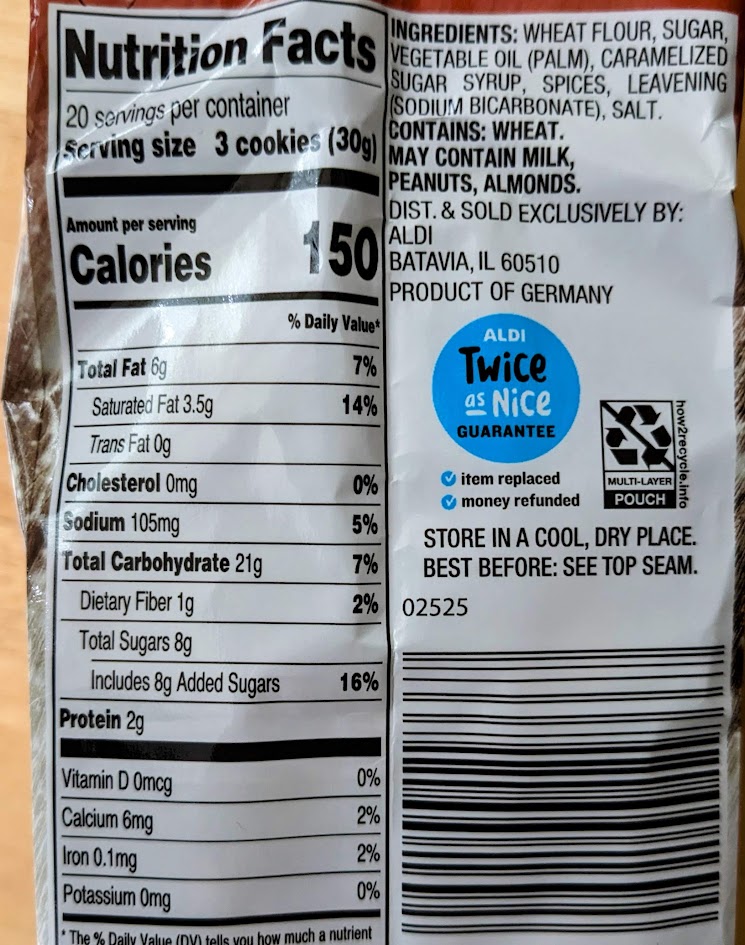 Nutrition Facts and Ingredients in Aldi Winternacht Spekulatius Spiced Cookies.