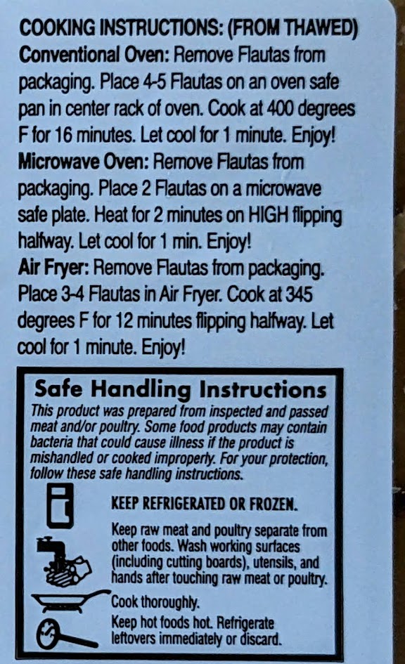 Cooking instructions from the label on Authentic Kitchen Chicken and Cheese Flautas from Costco.