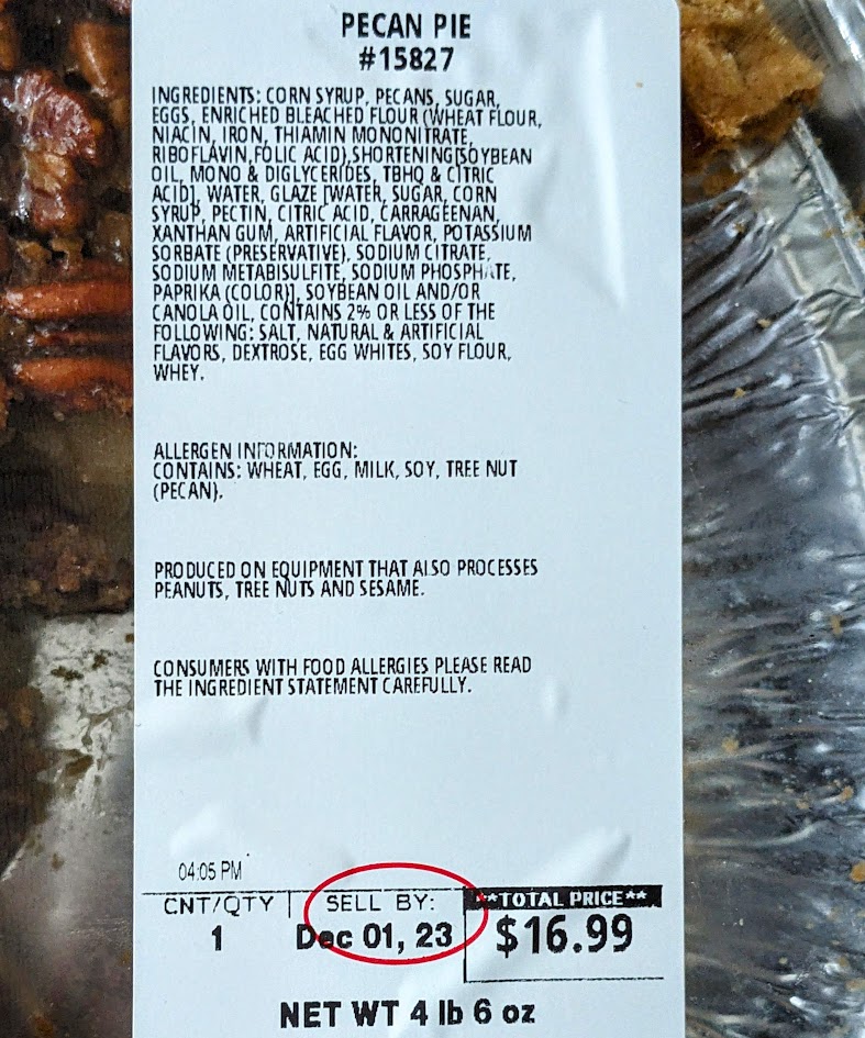 Costco Kirkland Pecan Pie ingredients from the label.