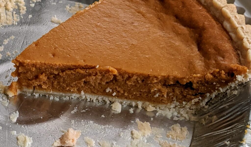 Detail of filling inside a Costco Pumpkin Pie.