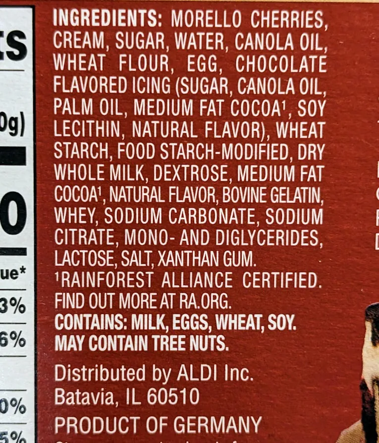 Ingredients from the label on the Aldi Donauwelle cake box from Deutsche Kuche.