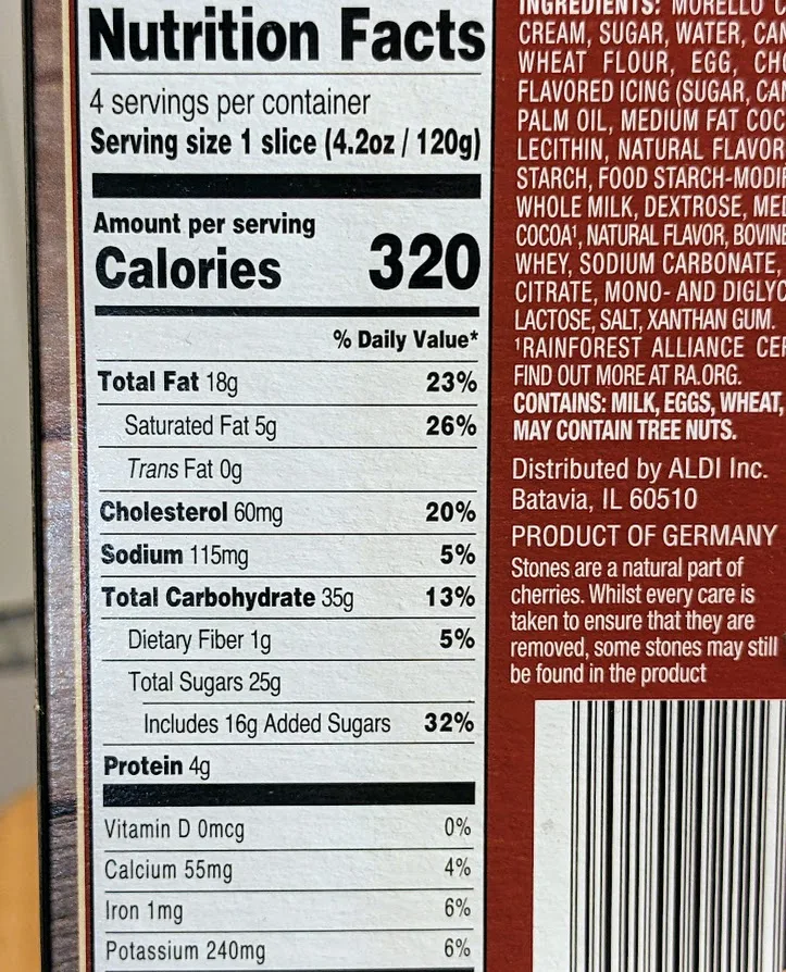 Nutrition facts label from the Donauwelle frozen cakes by Aldi's Deutsche Kuche brand.