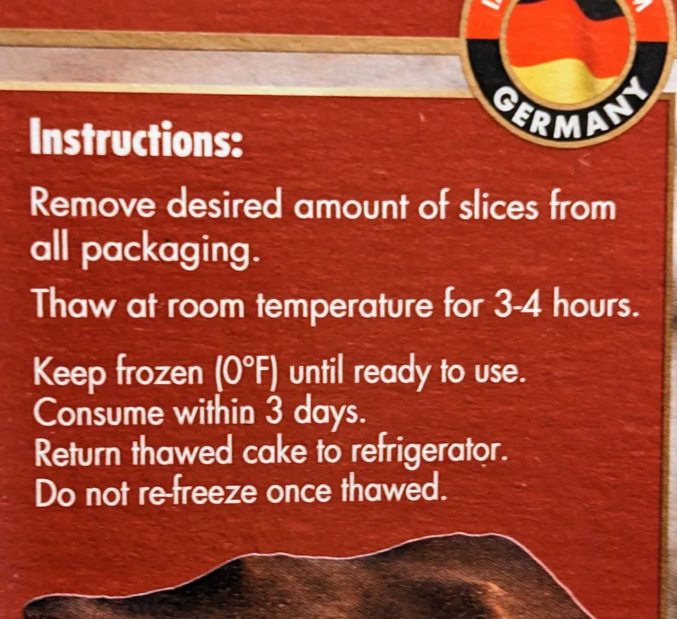 Thawing instructions from the back of the Aldi Donauwelle cake box.