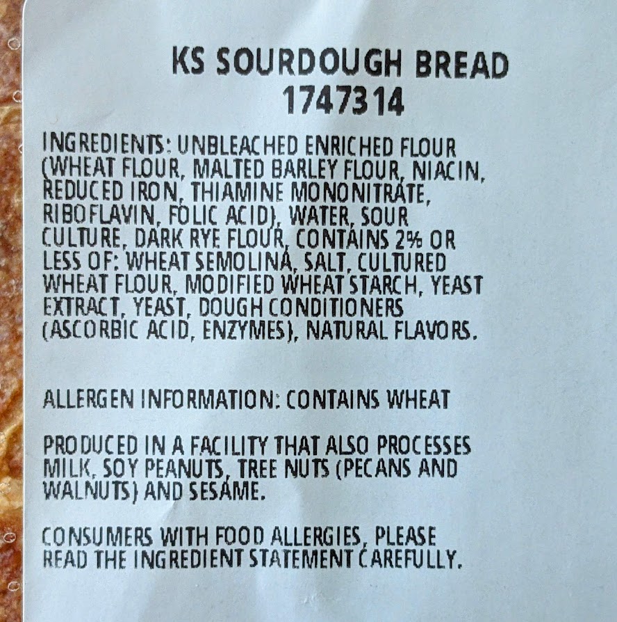 Ingredients in the Kirkland Signature sourdough bread from Costco.