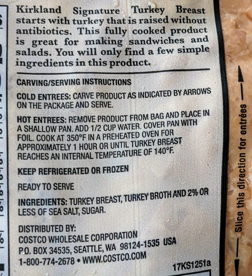 Ingredients in Costco Kirkland Oven Browned Turkey Breast.