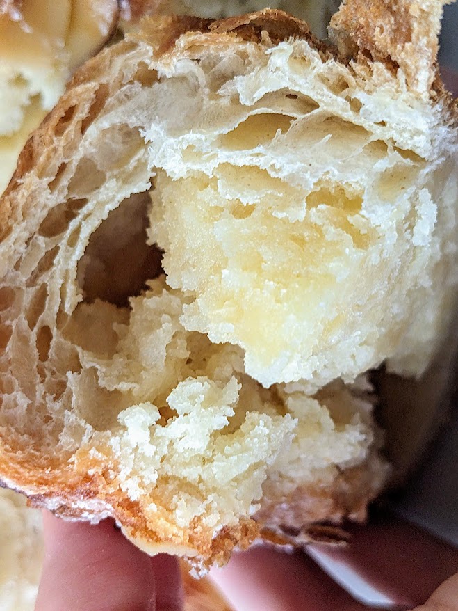 Close up of filling inside an Almond Croissant from Costco.