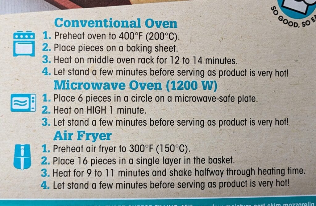 Cooking Instructions from a package of Cuisine Adventures Mini Quiches appetizers.