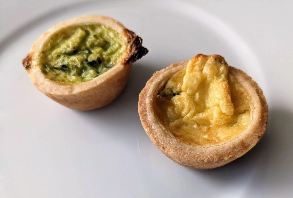 Two baked mini quiches from Cuisine Adventures, purchased at Costco.