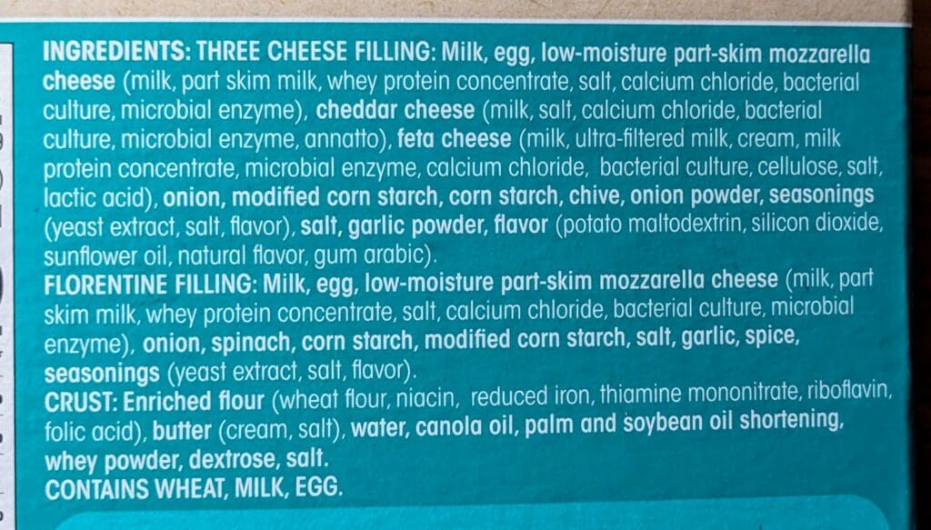 Ingredients in Three Cheese and Florentine Mini Quiches from Cuisine Adventures.