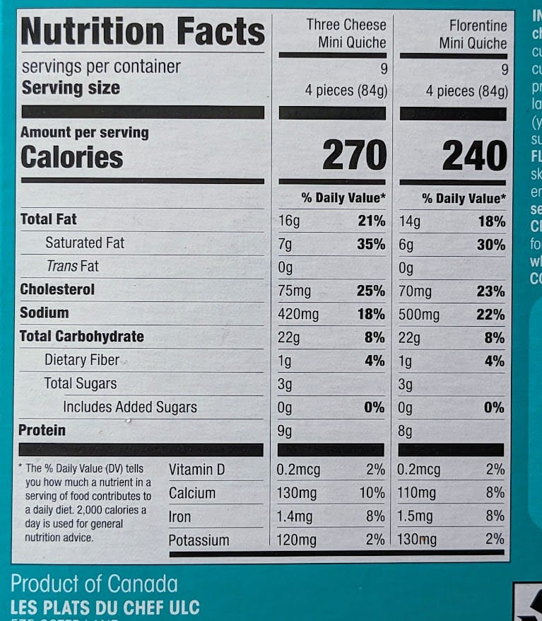 Nutrition Facts in Cuisine Adventures Three Cheese and Florentine Mini Quiches from Costco.