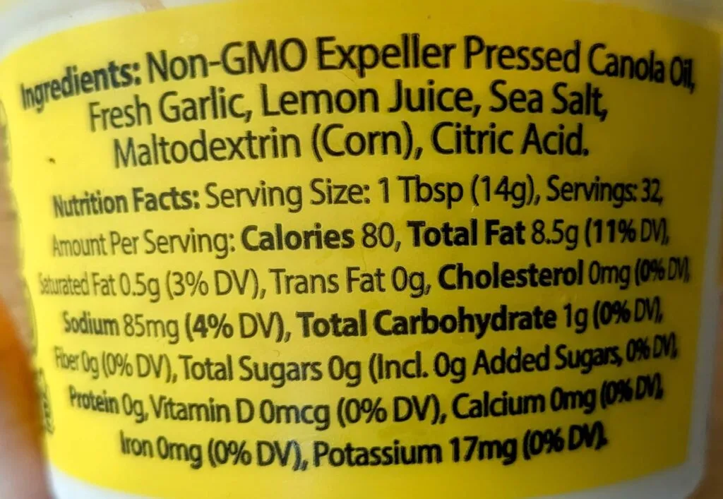 Ingredients in TOOM Original Garlic Dip.
