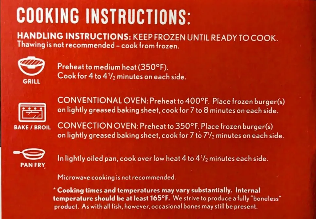 Cooking instructions from the label on a box of frozen Wild Caught Alaska Salmon Burgers from Aldi.