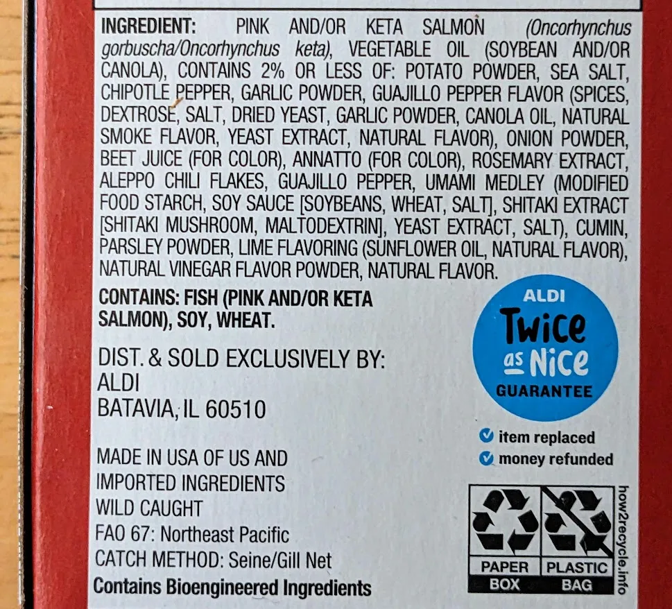 Ingredients in Aldi Frozen Chipotle Salmon Burgers from Fremont Fish Market.