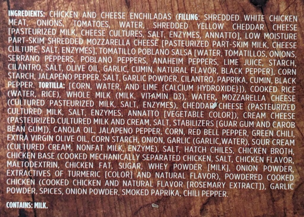 Ingredients in Chef Gustavo frozen Chicken and Cheese Enchiladas in Hatch Chile and Jalapeno Crema Sauce.