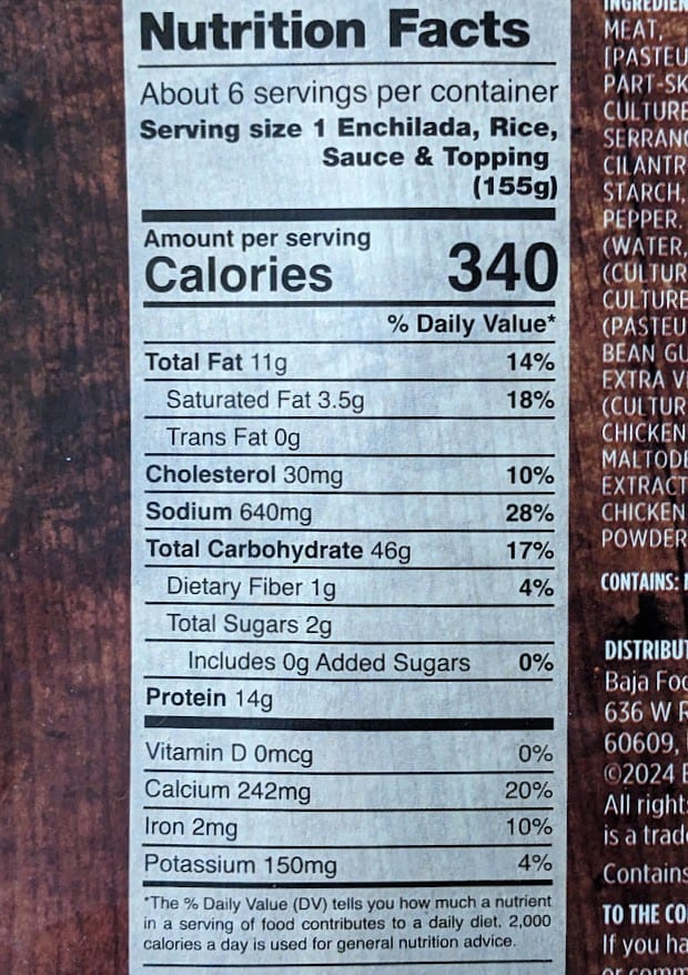 Nutrition Facts in frozen Chef Gustavo Chicken and Cheese Enchiladas from Costco.