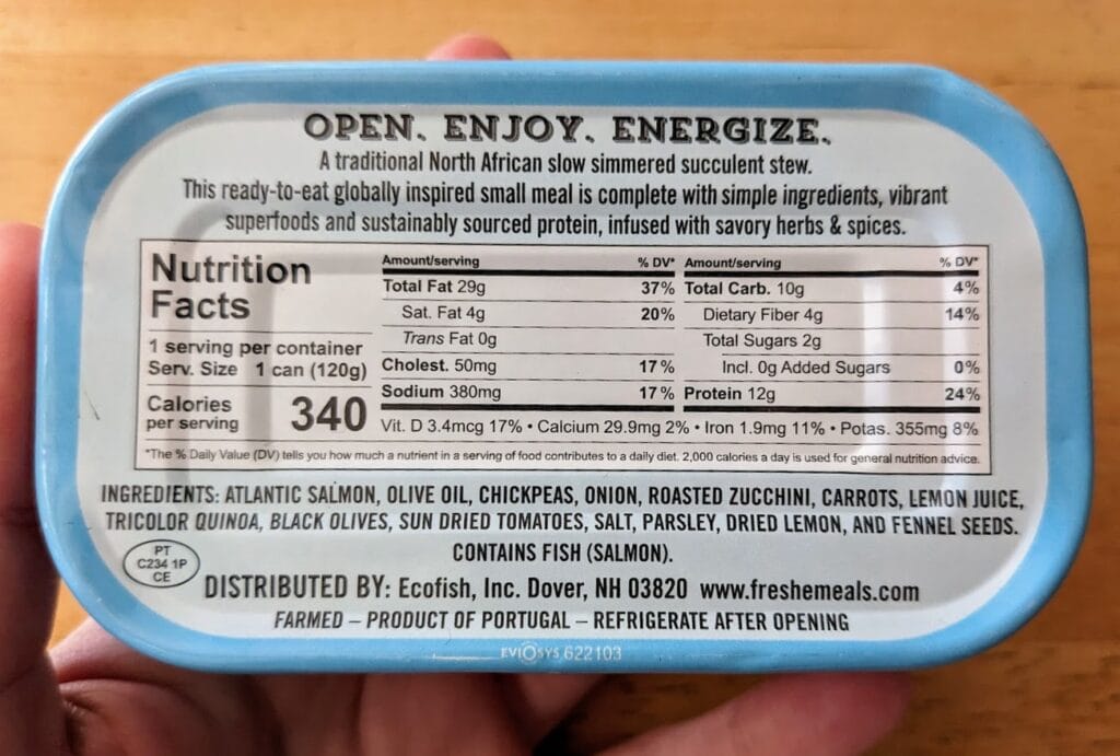 Nutrition Facts and Ingredients from the label on a can of Freshe Salmon Moroccan Tagine.