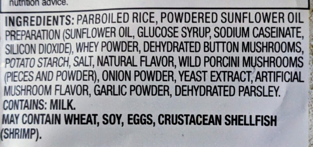 Ingredients in Priano Mushroom Risotto from Aldi.