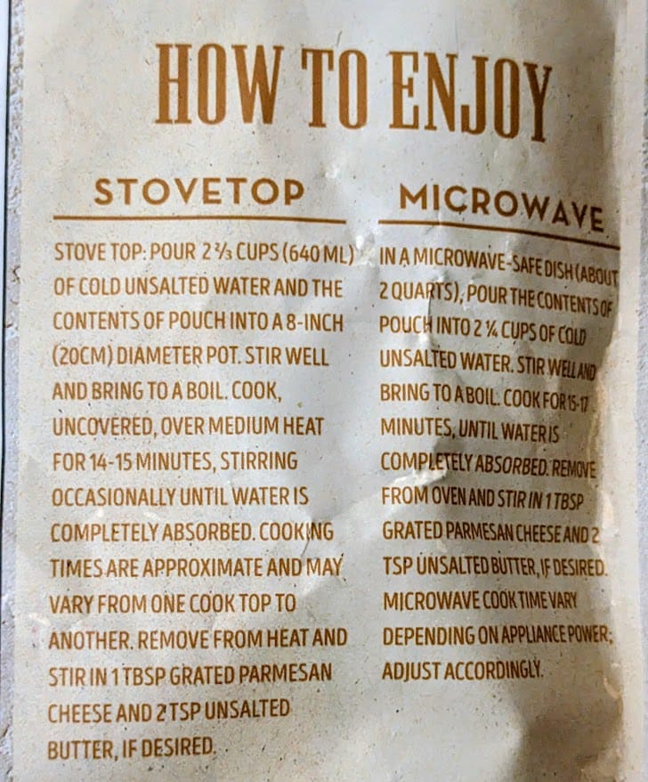 Stovetop and Microwave cooking instructions from a packet of Aldi Mushroom Risotto.