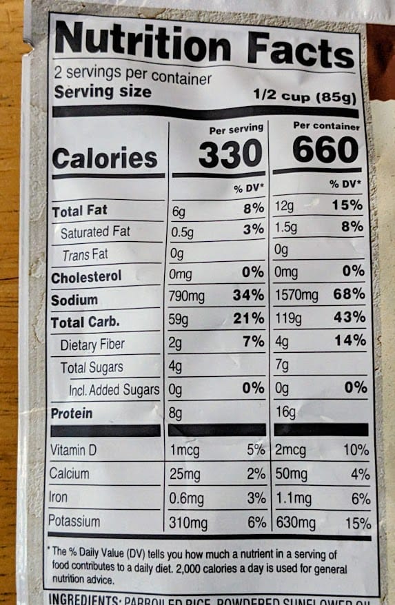 Nutrition Facts in Aldi Mushroom Risotto.