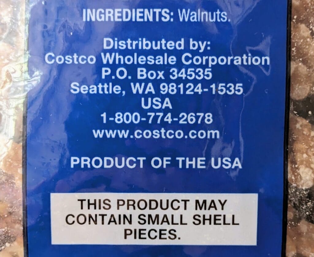 Ingredients in Costco Kirkland Walnut Halves.
