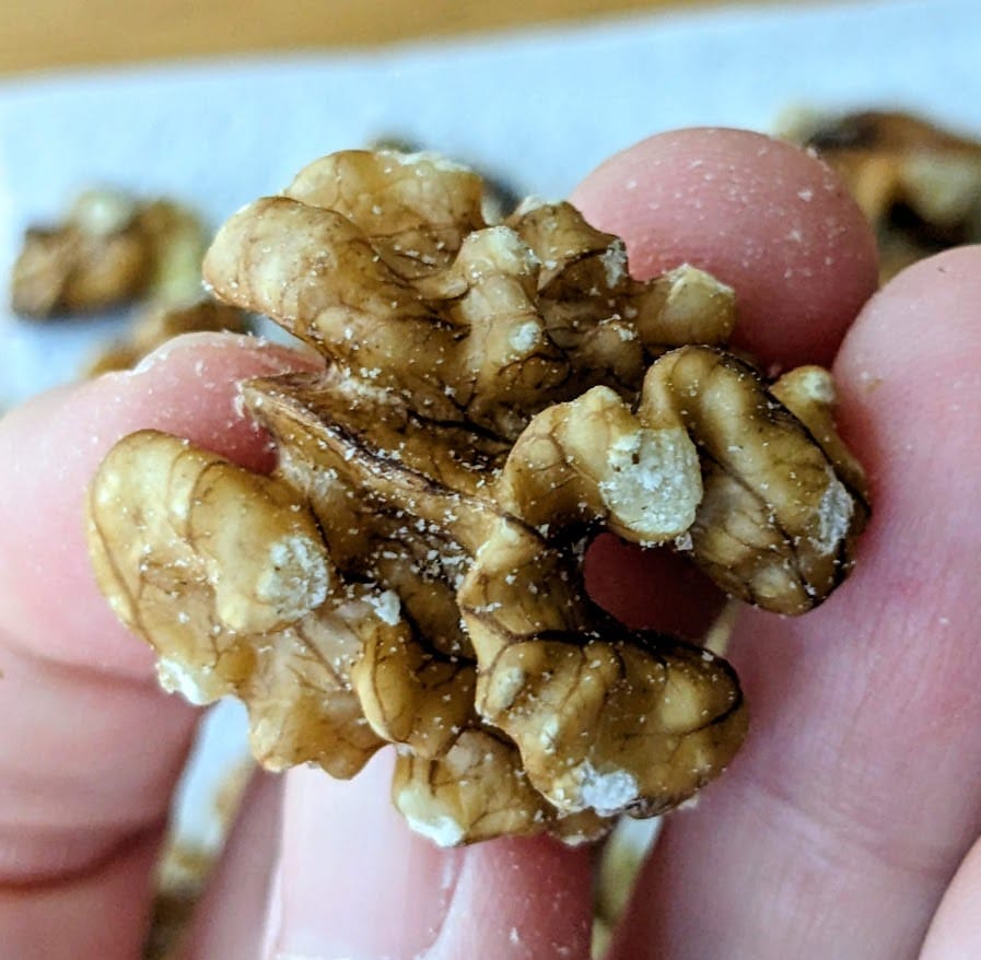 A hand holding a large walnut half from Costco.