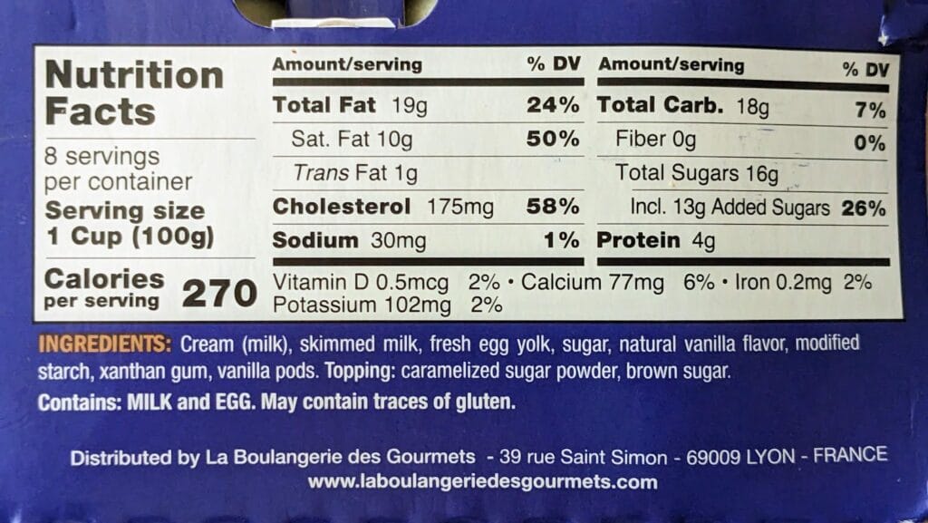 Nutrition Facts and Ingredients in Senoble French Creme Brulee from Costco.