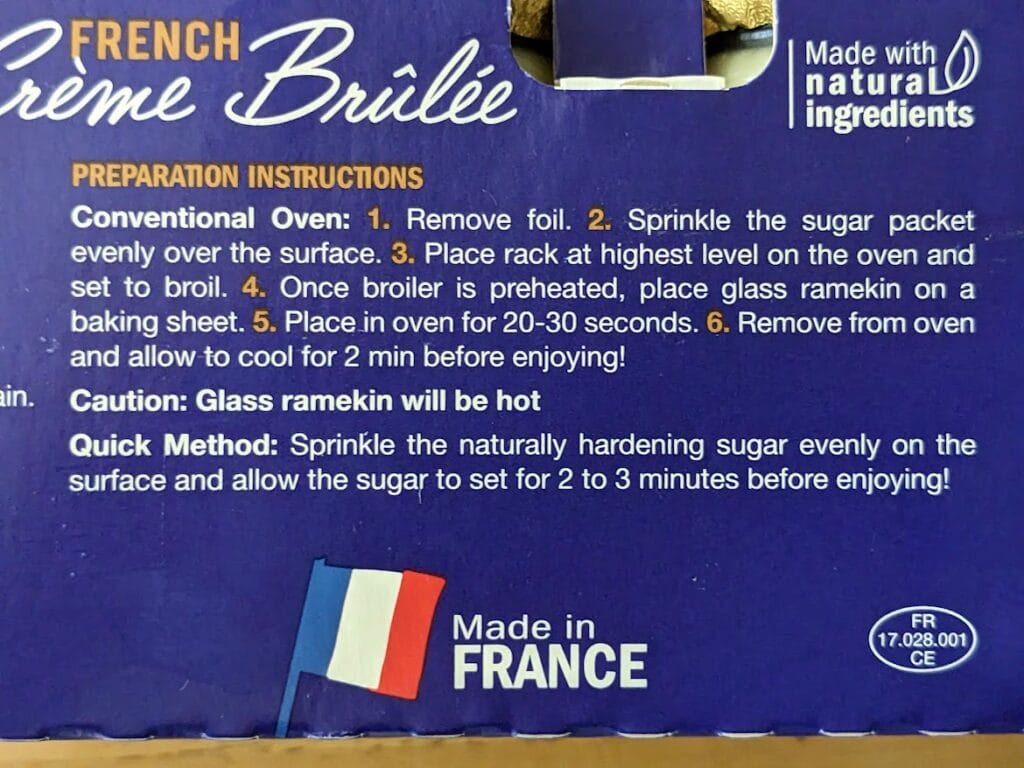 Preparation Instructions from a package of Senoble French Creme Brulee from Costco.