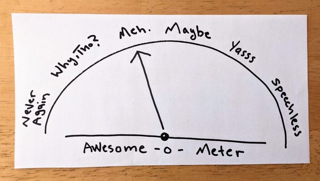 A hand-drawn diagram of an "Awesome-o-Meter" measuring from "Never Again" to "Speechless." The arrow is currently pointing to "Meh."