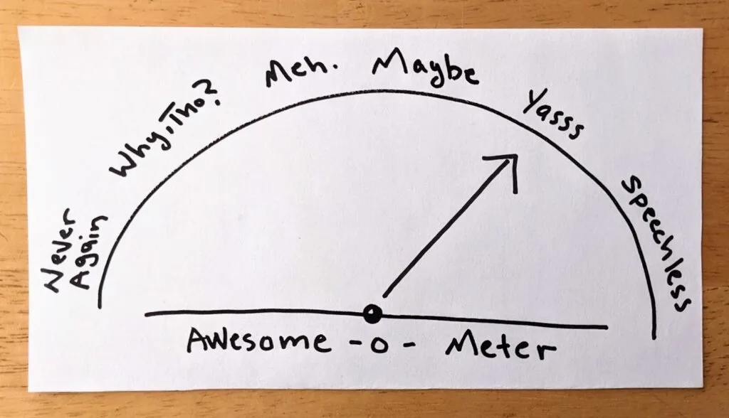 A hand-drawn-diagram of an "Awesome-o-Meter," measuring from "Never Again" to "Speechless." The arrow is pointing to "Yaaas."