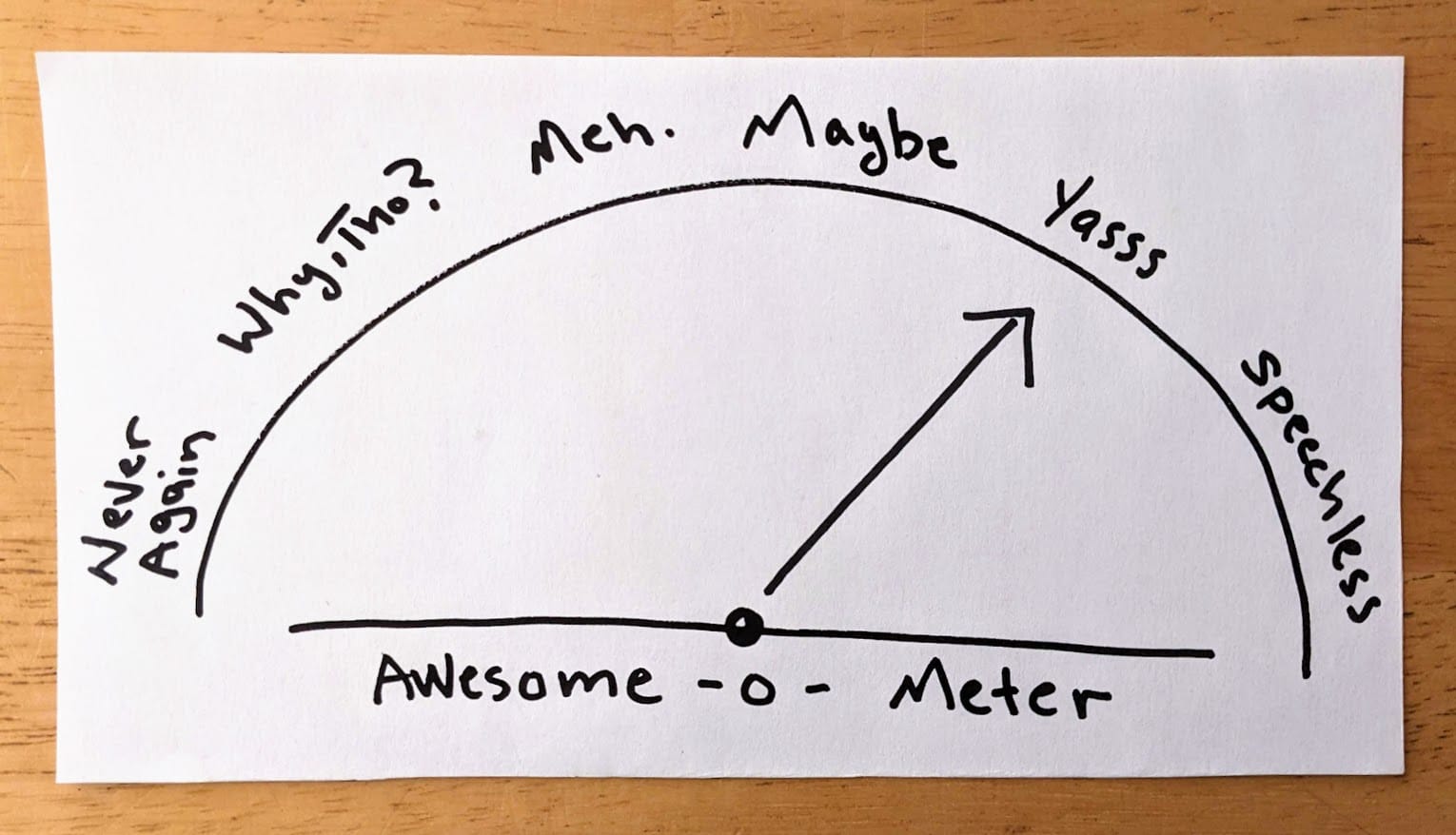 A hand-drawn-diagram of an "Awesome-o-Meter," measuring from "Never Again" to "Speechless." The arrow is pointing to "Yaaas."