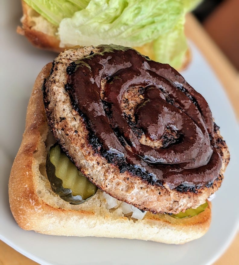 A burger topped with Burman's Kansas City Style BBQ Sauce from Aldi.