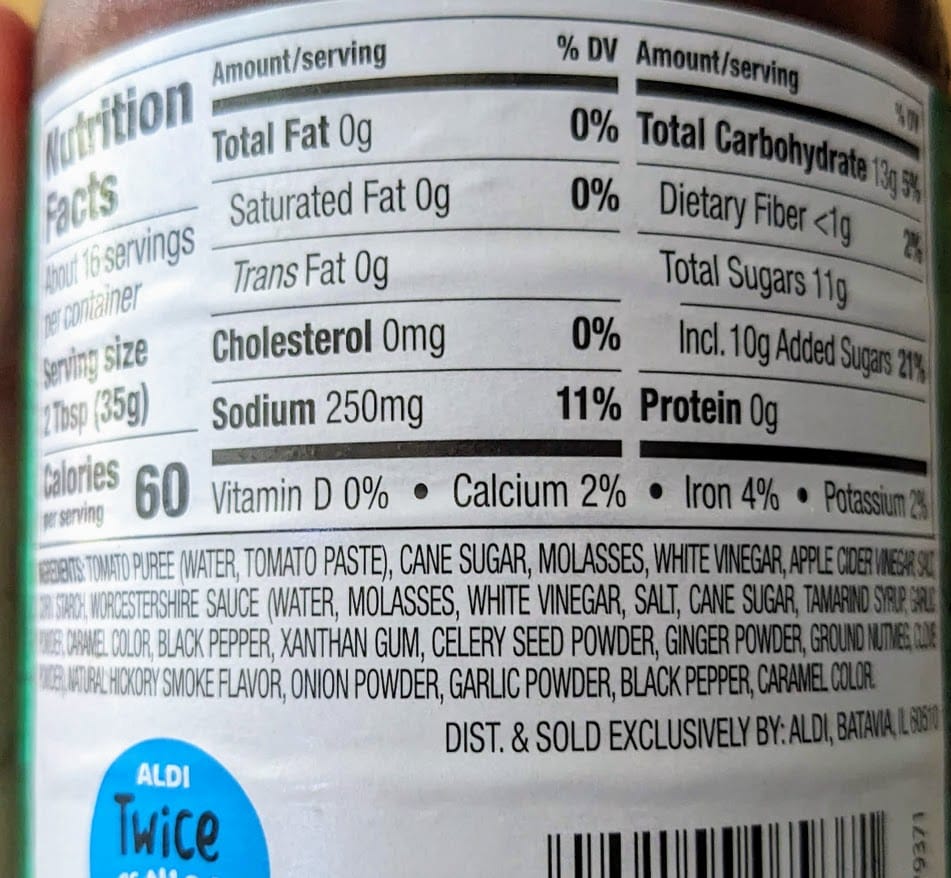 Nutrition Facts from the label on a bottle of Burman's Kansas City BBQ Sauce from Aldi.