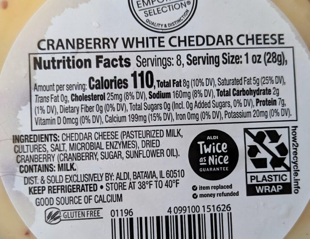 Nutrition Facts and Ingredients from a package of Aldi Cranberry White Cheddar cheese.