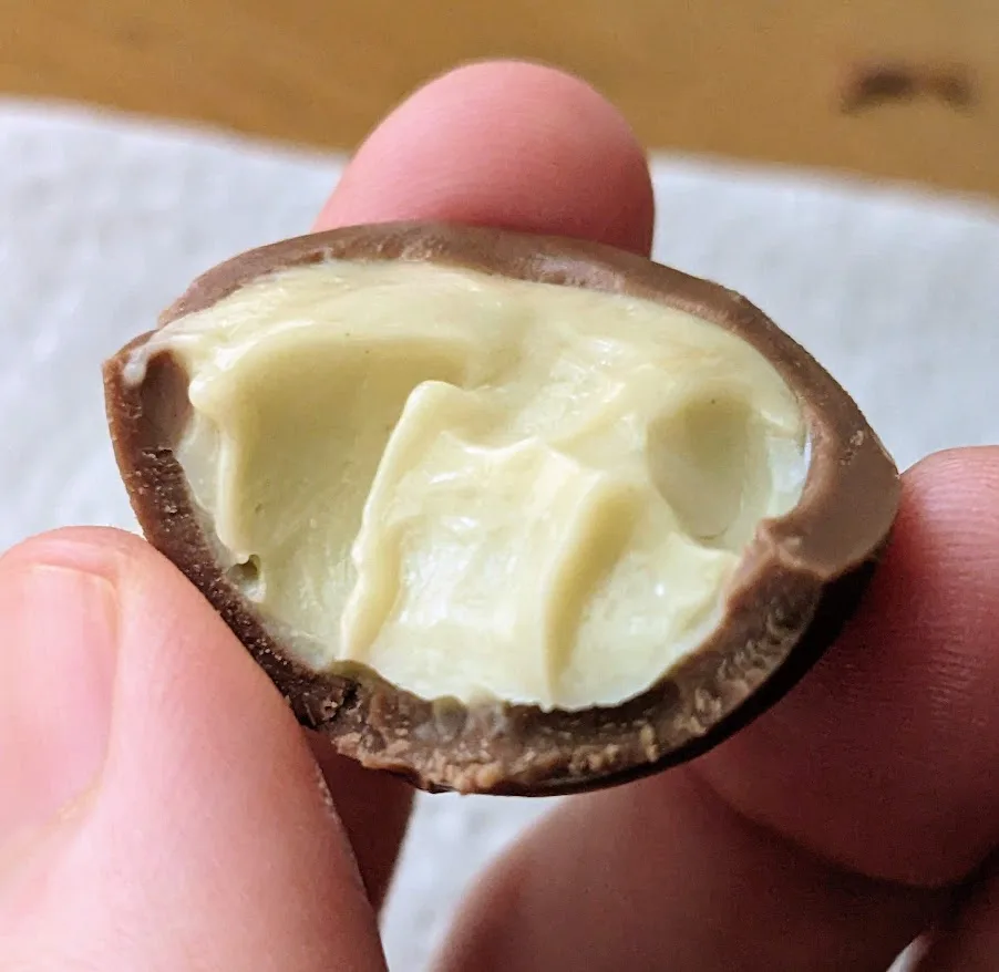Fingers holding a bitten Lindt Pistachio Truffle, showing the soft filling.