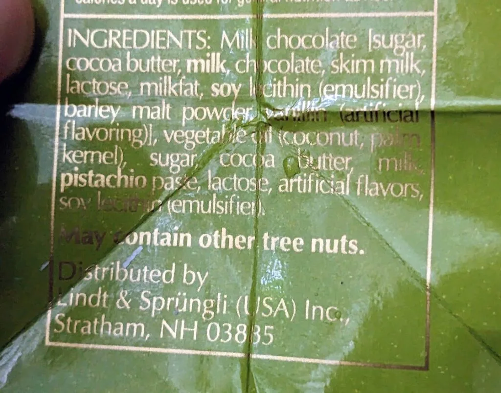 Ingredient in Lindt Pistachio Milk Chocolate Truffles.