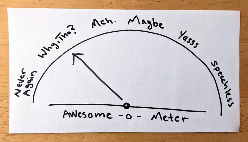 A hand-drawn "Awesome-o-Meter" measuring from "Never Again" to "Speechless." The arrow is currently pointing to "Why, Tho."