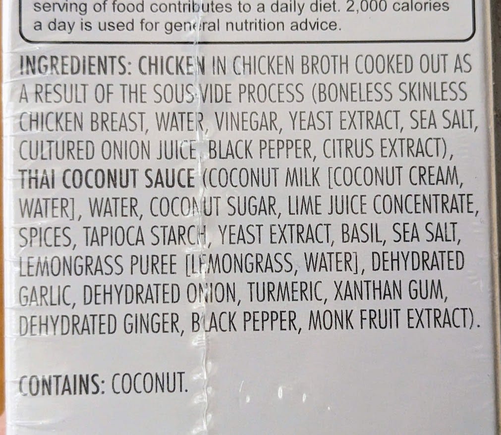 Ingredients in Thai Coconut Curry Chicken meal from Kevin's Natural Foods.