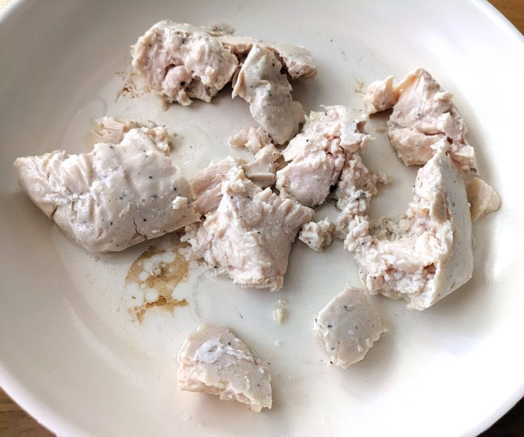 Sous vide meat chunks from Kevin's Thai Coconut Chicken meal.