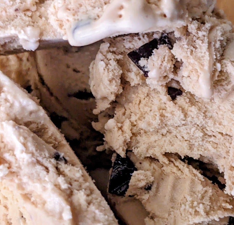Detail of coffee ice cream texture and chocolate flakes in Santa's White Christmas from Publix.