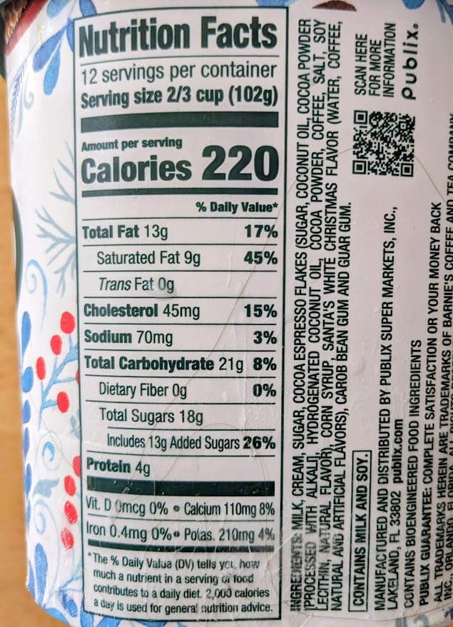 Nutrition Facts and Ingredients from the label on a tub of Publix Santa's White Christmas Barnie's Coffee Ice Cream.