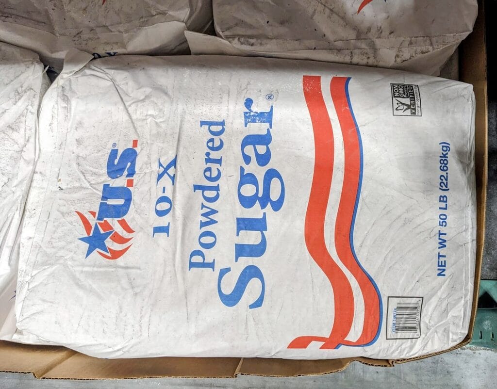 A 50 pound bag of US brand 10-x Powdered Sugar from Costco.