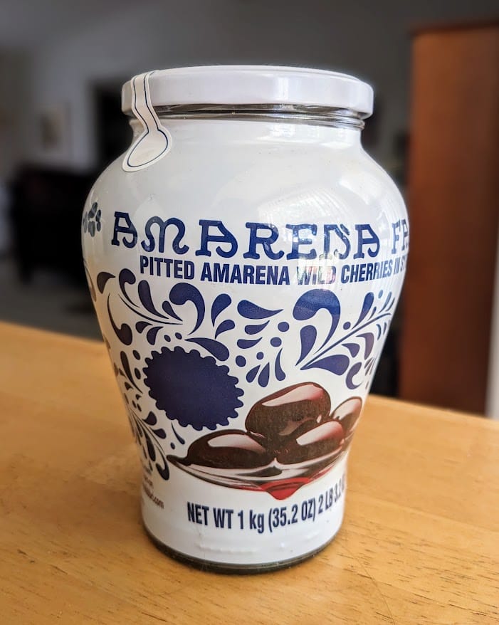 A large jar of Fabbri Amarena Cherries in Syrup from Costco.