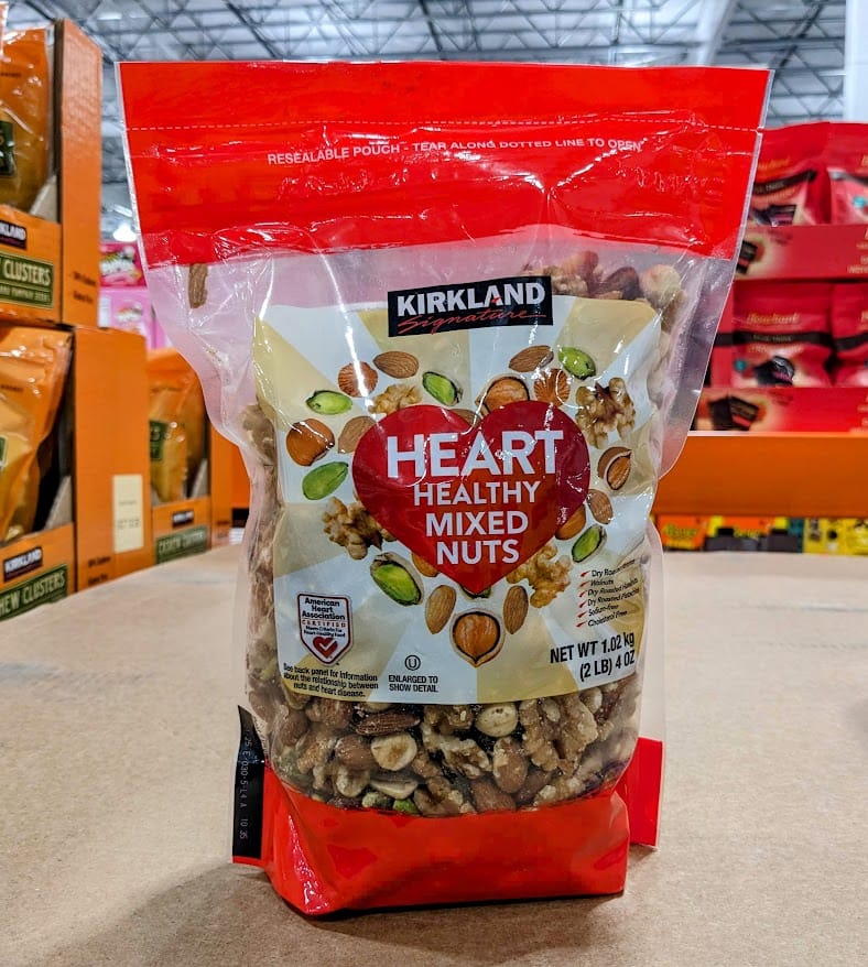 A bag of Kirkland Heart Healthy Mixed Nuts from Costco.
