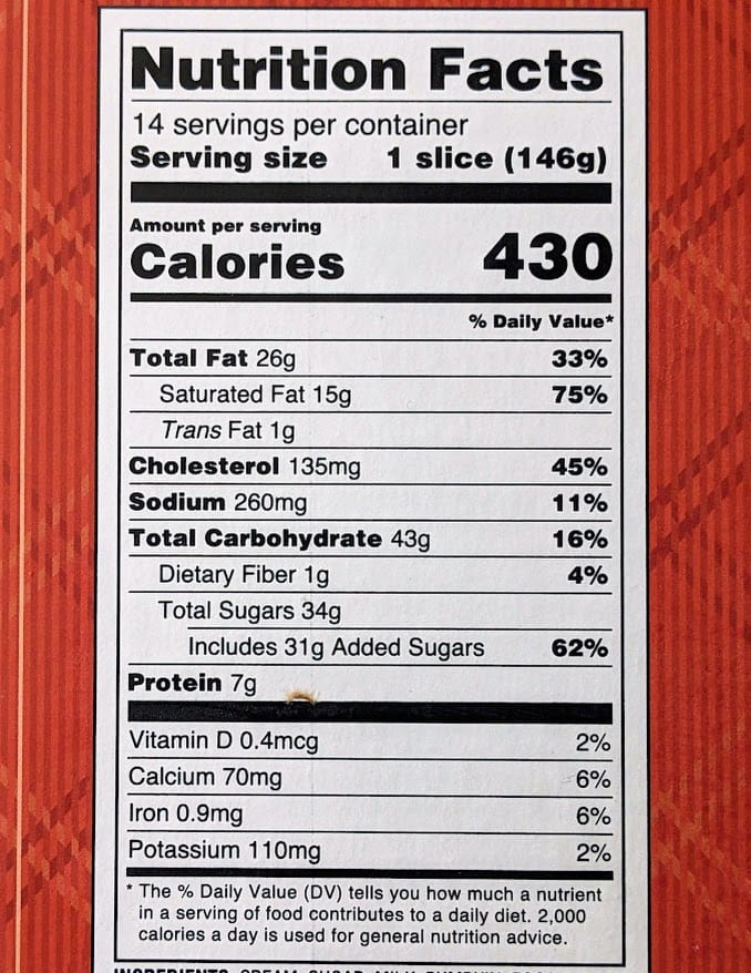 Nutrition Facts from a box of frozen Member's Mark Pumpkin Cheesecake from Sam's Club.