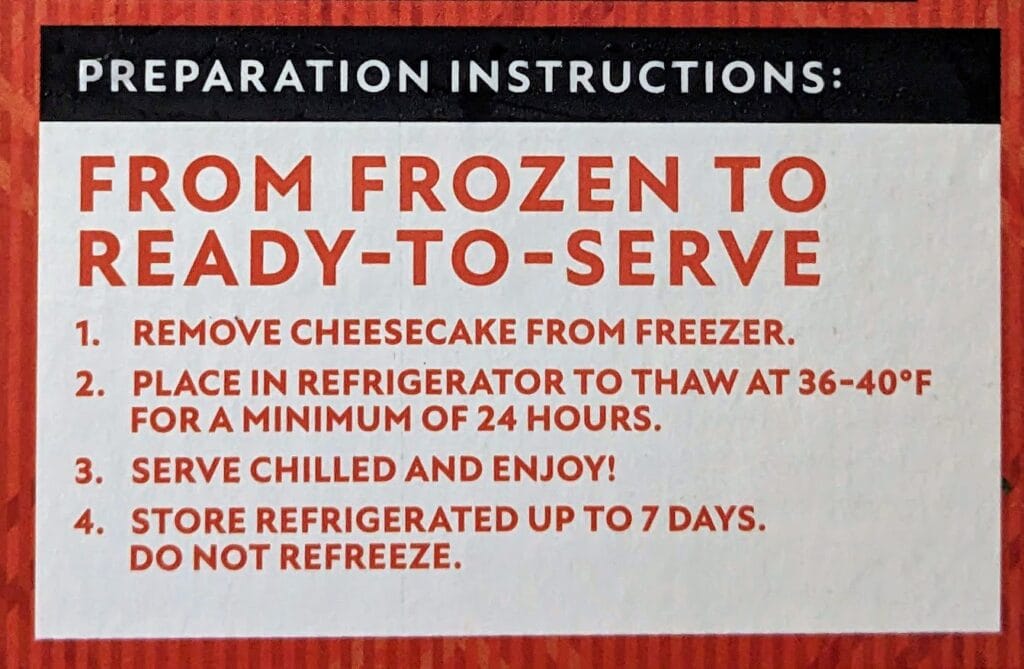 Thawing instructions from a box of frozen Pumpkin Cheesecake from Sam's Club.