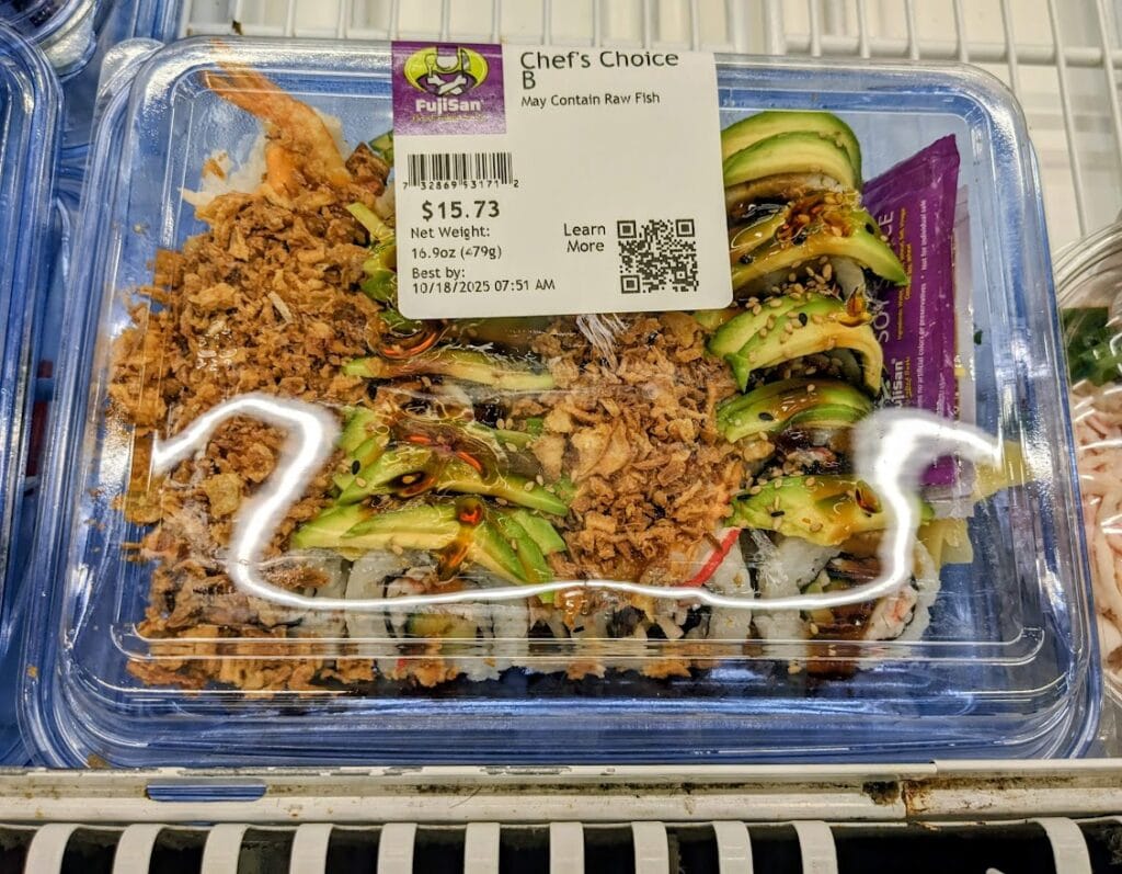 A plastic tray of sushi from Sam's Club.