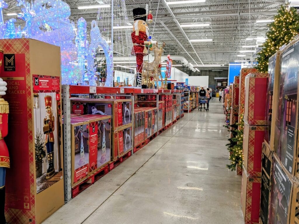 Christmas decor aisle inside a Sam's Club.