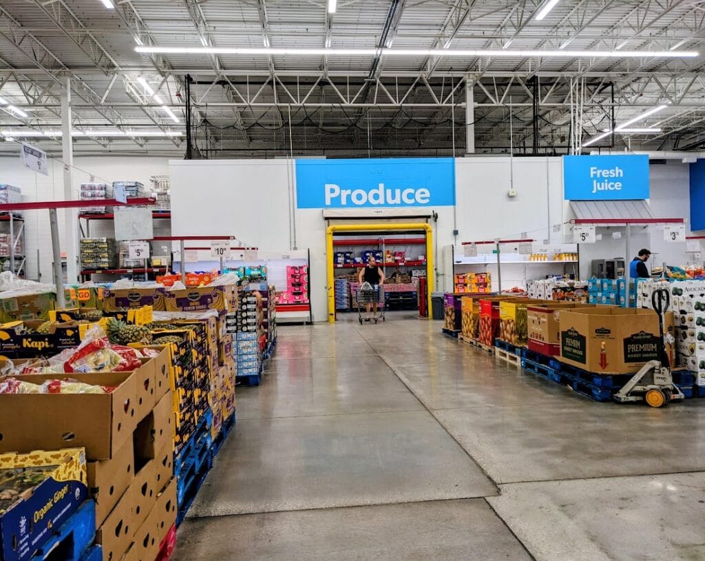 The Produce section inside a Sam's Club warehouse.