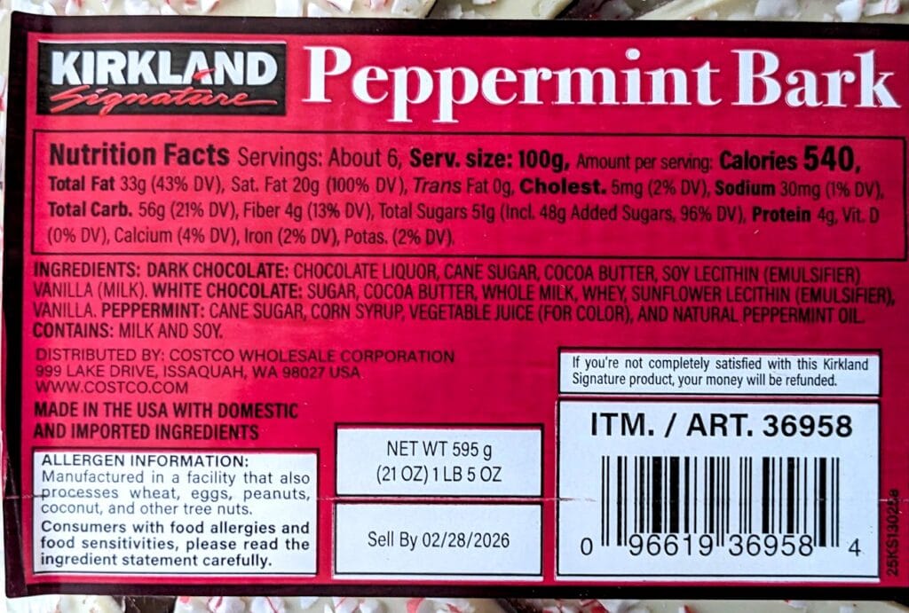 Nutrition Facts and Ingredients label from a package of Kirkland Peppermint Bark from Costco.