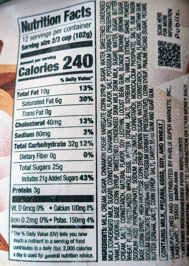 Nutrition Facts from a half-gallon tub of Publix Premium holiday Rum Nut Bread Pudding Ice Cream.
